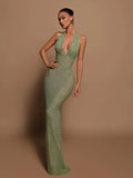 Halter Deep V Neck Sequin Maxi Dress-Outfit