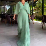 Fongt New Fall 2023 Solid Color V-Neck Bat Sleeve High-Waisted Dress-Outfit