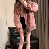 Fongt Spliced Denim Jacket Girl Spring And Autumn Loose Design Sense Small Casual Pink Workwear Top