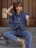 Fongt Women's Solid Color Big Pocket Sleeveless High Sense Cardigan Polo Collared Shirt Denim Top A19846