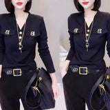 Slim Solid Color Screw Thread Pullovers Casual Fake Pocket Patchwork Female Spring Autumn Letter Elegant V-Neck T-shirt-Outfit
