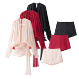 Fongt Folding Ribbon Design Loose Waist Mini Dress Shorts Set 2025 Spring And Summer Street Fashion Woman