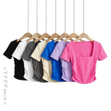 Trendy Women's T-Shirt Slim Style Square Collar Wrinkled Candy Color Short-Sleeved Elastic Blouse-Outfit