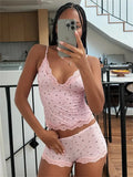 Pink Cami Printed Top And Shorts Pj Sets-Outfit