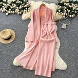 Fongt Simple Style Solid Knitted Light Sister Suit Girl Winter Body-Clamping T-Shirt Dress With Long Open Shirt Jacket