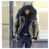 Fongt Men's Imitation Leather Plus Thick Fur One Short Zipper Coat Hooded Men's
