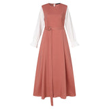 Women Muslim Abaya Maxi Dress Casual Solid Patchwork Long Sleeve Belted Vestidos Kaftan Clothing Vintage Sundress