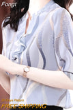 Temperament Elegant Fashion V-neck Ruffles Printing Shirt New Summer Chic Woman Blouse Half Sleeve Office Wear Women's