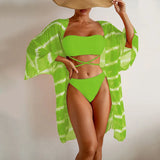 Fongt Solid Color Colorful Swimsuit Wavy Chiffun Beach Three-Piece Bikini