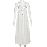 White Lace Buttoned Halter Midi Dress-Outfit