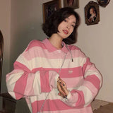Pink Striped Tshirts Women Harajuku Korean Fashion Oversize Long Sleeve T Shirts Kawaii Preppy Style Basic