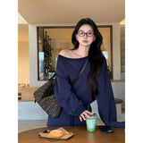 Fongt Blue Oblique Shoulder Design Long-Sleeved Shawl Dress Women Autumn Lazy Wind Top A Word Half-Body Dress Two-Piece