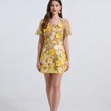 Fongt Dress Women Summer French Retro V-Neck Lantern Sleeve Embroidered Mesh Yarn Waist Bubble Sleeve Dress
