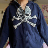 Vintage Skull Graphic Zip Up Hoodie-Outfit