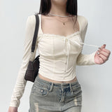 Solid Square Collar Cropped Top Women Sweet y2k Bandage Bow Stitched Full Sleeve T Shirt Vintage 2000s Coquette Aesthetic-Outfit