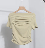 Real Shot A Word Shoulder Short Sleeve Pressure Folded T-Shirt Summer Slimming Pure Lust Folded Collarbone Short Blouse
