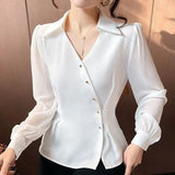 Style Irregular V-Neck Blouse Female Clothing Commute Asymmetrical Single-breasted Spring Autumn Chic Folds Waist Shirt-Outfit