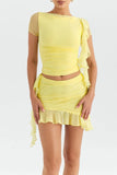 Mesh Ruffle Short Sleeve Top And Mini Skirt Set-Outfit