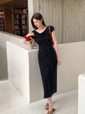 Fongt Xixi 2025 Spring New Korean Version High Waist Belt Design Sense Short-Sleeved Knitted Long Dress Women 88278