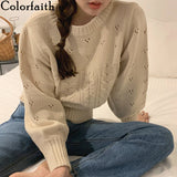 2021 Autumn Winter Women's Sweaters Cutout Pullovers Warm Minimalist Korean Fashionable Solid Short Jumpers