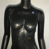 Sexy Diamonds Mesh Cropped Tank Top Women Summer Cover Up Bikini See Through Rhinestone Net Party Club Crop