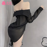 Sexy Chiffon Sling Dress Boyfriend Wind White Shirt Open Shoulder Pajamas Perspective Uniform Seduction