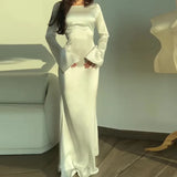 Fongt 2023 New Round Collar Pure Color Satin Sense Senior Package Hip Fishtail Skirt Woman-Outfit