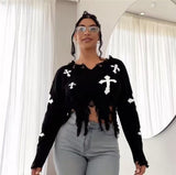 Fongt Hole Tuxed Sweater Dark Long Sleeve Loose Knitted Shirt