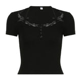 Solid Lace Stitching Crop Top Women Sweet y2k Short Sleeve Bow Patchwork T-shirt Summer Elegant Cute Tees Summer Fashion-Outfit