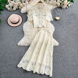 Fongt Yuan Age Reduction Heavy Lace Embroidery Round Shirt Design Single Buckle Top Two Sets Of High-Rise Half-Dress
