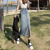 Fongt The Front Split Denim Skirt Female 2024 Ins Temperament A Word Retro Show Thin In The Long Wrap Buttock Skirt-Outfit