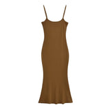 Trendy Women's Dress Hot Girls Sexy Basic Solid Color High Waist Show Thin Medium-Long Halter Skirt Hip Dress-Outfit