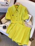 Office Ladies Elegant 2 Piece Set Women Polo Collar Short Sleeve High Waist Top And Shorts Two Piece Set Business