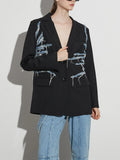Fongt Hipster Fall 2024 New Suit Collar Irregular Jeans Splicing Tassel Suit Jacket Female-Outfit