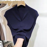 Fongt Temperament Goddess 2024 Autumn New Good Version V Collar Short Sleeve Female Slim Slim Elastic Cotton Black T-Shirt-Outfit