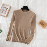 Thick Pullovers Khaki Casual Button O-neck Chic