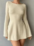 Backless Knitted Long Sleeve Mini Dress-Outfit