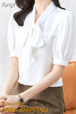 Women V-Neck Short Chiffon Shirt Womens Solid Basics 2023 Summer Fashion Ladies Tops Elegant Blouses Bow OL Womens