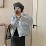 Sweet Wood Button Short Down Jacket Female 2024 Winter New Stand Collar Small Warm White Duck Down Bread Coat-Outfit