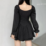 Autumn Spring A-Line Dress Sexy Slim Solid Square Collar Puff Sleeve Mini Dresses For Women 2021 Eleggant Fashion