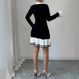 Fongt Small Fragrant Style Elegant Body V Collar Long-Sleeved Lotus Side Knitted Dress