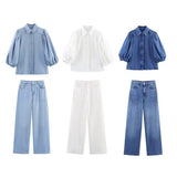 Fongt Women's Clothing Explosion Fashion Cowboy POLO Collar Sleeve Shirt + Trousers Set