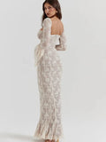 Lace Square Neck Long Flare Sleeve Maxi Dress-Outfit