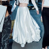 Fongt Fashion Solid Color A-Line Skirt 2023 Summer New Flower Bud Silhouette Satin Hanging Feeling Half Middle Skirt-Outfit