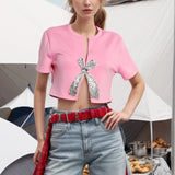 Fongt Summer New Set Diamond Sequin Bow Design Sense Short-Sleeved T-Shirt Women's Niche Design Sense Short Jacket-Outfit