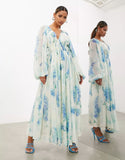 Fongt Women's Printed Chiffon Dress V Collar Folded Waist Drawstring Long Sleeve 8042