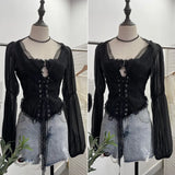 French Court Wind Strapped With Waist Fish Bone Shirt Lace Shirt Back Waist To Take Short Top