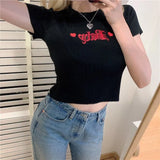 Style Baby Embroidery Pink T Shirts Women Harajuku Summer Stretch Knitted Short Sleeve Crop Top Tee T-shirt