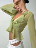 Sheer Mesh Long Sleeve Crop Blouse with