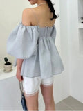 Jacquard Shirts & Blouses Puff Short Sleeve Blusas Off Shoulder Camisas 2 Ways Wear Ropa Mujer 2024 Summer Tops-Outfit